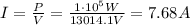 I= \frac{P}{V}= \frac{1 \cdot 10^5 W}{13014.1 V}=7.68 A