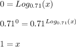 0=Log_{0.71}(x)\\\\0.71^{0}=0.71^{Log_{0.71}(x)}} \\\\1=x