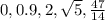 0, 0.9, 2,  \sqrt{5} ,  \frac{47}{14}