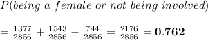 P(being \ a \ female \ or \ not \ being \ involved)\\ \\= \frac{1377}{2856} + \frac{1543}{2856}-\frac{744}{2856} = \frac{2176}{2856}=\bold{0.762}