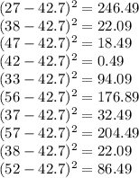 (27-42.7)^{2} =246.49\\(38-42.7)^{2}= 22.09\\(47-42.7)^{2}= 18.49\\(42-42.7)^{2}= 0.49\\(33-42.7)^{2}= 94.09\\(56-42.7)^{2}= 176.89\\(37-42.7)^{2}= 32.49\\(57-42.7)^{2}= 204.49\\(38-42.7)^{2}= 22.09\\(52-42.7)^{2}= 86.49