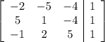 \left[\begin{array}{ccc|c}-2&-5&-4&1\\5&1&-4&1\\-1&2&5&1 \end{array}\right]