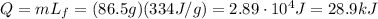 Q=mL_f = (86.5 g)(334 J/g)=2.89 \cdot 10^4 J = 28.9 kJ