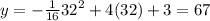 y = -\frac{1}{16} {32}^{2} + 4(32) + 3=67