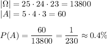 |\Omega|=25\cdot24\cdot23=13800\\ |A|=5\cdot4\cdot3=60\\\\ P(A)=\dfrac{60}{13800}=\dfrac{1}{230}\approx0.4\%