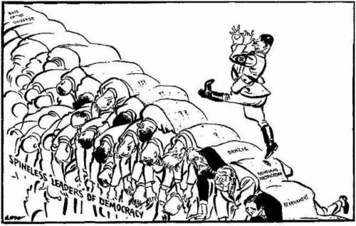 This cartoon is referencing which situation of the 1930s?  a.appeasement b.blitzkrieg c.the iron cur