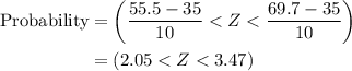 \begin{aligned}{\text{Probability}}&=\left({\frac{{55.5-35}}{{10}}