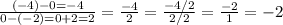 \frac{(-4)-0=-4}{0-(-2)=0+2=2}=\frac{-4}{2}=\frac{-4/2}{2/2}=\frac{-2}{1}=-2