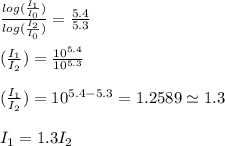 \frac{log(\frac{I_{1} }{I_{0} })}{log(\frac{I_{2} }{I_{0} })} =\frac{5.4 }{5.3 } \\\\(\frac{I_{1} }{I_{2} })=\frac{10^{5.4} }{10^{5.3} }\\\\(\frac{I_{1} }{I_{2} }) =10^{5.4-5.3}=1.2589\simeq 1.3\\\\I_{1} =1.3I_{2}
