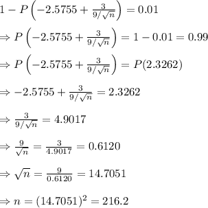1 - P\left(-2.5755+ \frac{3}{9/\sqrt{n}} \right)=0.01 \\  \\ \Rightarrow P\left(-2.5755+ \frac{3}{9/\sqrt{n}} \right)=1-0.01=0.99 \\  \\ \Rightarrow P\left(-2.5755+ \frac{3}{9/\sqrt{n}} \right)=P(2.3262) \\  \\ \Rightarrow -2.5755+ \frac{3}{9/\sqrt{n}}=2.3262 \\  \\ \Rightarrow \frac{3}{9/\sqrt{n}}=4.9017 \\  \\ \Rightarrow  \frac{9}{\sqrt{n}} = \frac{3}{4.9017} =0.6120 \\  \\ \Rightarrow \sqrt{n}= \frac{9}{0.6120} =14.7051 \\  \\ \Rightarrow n=(14.7051)^2=216.2