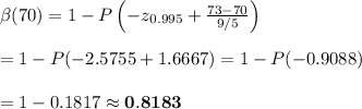 \beta(70) = 1 - P\left(-z_{0.995}+\frac{73-70}{9/5}\right) \\  \\ =1 - P(-2.5755+1.6667)=1-P(-0.9088) \\  \\ =1-0.1817\approx\bold{0.8183 }