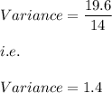 Variance=\dfrac{19.6}{14}\\\\i.e.\\\\Variance=1.4