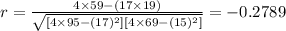 r=\frac{4\times59-(17\times19)}{\sqrt{[4 \times 95-(17)^2][4\times69-(15)^2]}}=-0.2789