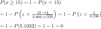P(x\geq15)=1-P(x\ \textless \ 15) \\  \\ =1-P\left(z\ \textless \  \frac{15-14}{3.666/\sqrt{350}} \right)=1-P\left(z\ \textless \  \frac{1}{0.196} \right) \\  \\ =1-P(5.1032)=1-1=0