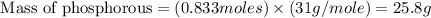 \text{ Mass of phosphorous}=(0.833moles)\times (31g/mole)=25.8g