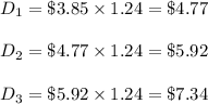 D_1=\$3.85\times1.24=\$4.77 \\  \\ D_2=\$4.77\times1.24=\$5.92 \\  \\ D_3=\$5.92\times1.24=\$7.34