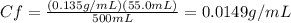 Cf=\frac{(0.135g/mL)(55.0mL)}{500mL}=0.0149g/mL