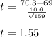 t=\frac{70.3-69}{\frac{10.6}{\sqrt{159}}}\\\\ t = 1.55