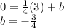 0 = \frac {1} {4} (3) + b\\b = - \frac {3} {4}