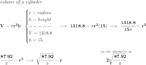\bf \textit{volume of a cylinder}\\\\&#10;V=\pi r^2 h~~&#10;\begin{cases}&#10;r=radius\\&#10;h=height\\&#10;-----\\&#10;V=1318.8\\&#10;h=15&#10;\end{cases}\implies 1318.8=\pi r^2(15)\implies \cfrac{1318.8}{15\pi }=r^2&#10;\\\\\\&#10;\cfrac{87.92}{\pi }=r^2\implies \sqrt{\cfrac{87.92}{\pi }}=r\qquad \qquad \qquad\qquad\stackrel{\textit{so the diameter is}}{2\sqrt{\cfrac{87.92}{\pi }}}