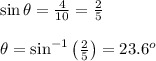 \sin\theta= \frac{4}{10} = \frac{2}{5} \\ \\ \theta=\sin^{-1}\left( \frac{2}{5} \right)=23.6^o