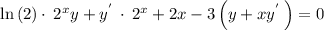 \ln \left(2\right)\cdot \:2^xy+y^{'\:}\cdot \:2^x+2x-3\left(y+xy^{'\:}\right)=0