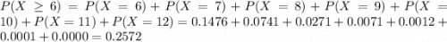 P(X \geq 6) = P(X = 6) + P(X = 7) + P(X = 8) + P(X = 9) + P(X = 10) + P(X = 11) + P(X = 12) = 0.1476 + 0.0741 + 0.0271 + 0.0071 + 0.0012 + 0.0001 + 0.0000 = 0.2572