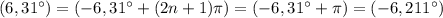 (6,31^{\circ})=(-6,31^{\circ}+(2n+1)\pi)=(-6,31^{\circ}+\pi)=(-6,211^{\circ})