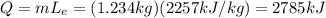 Q=mL_e = (1.234 kg)(2257 kJ/kg)=2785 kJ
