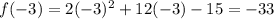 f(-3)=2(-3)^2 + 12(-3) - 15=-33