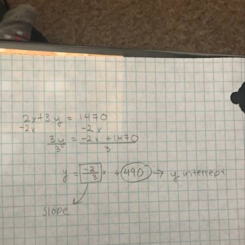 Change 2x+3y=1470 to to slope intercept form. identify the slope and the y- intercept