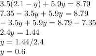 3.5(2.1-y)+5.9y=8.79\\7.35-3.5y+5.9y=8.79\\-3.5y+5.9y=8.79-7.35\\2.4y=1.44\\y=1.44/2.4\\y=0.6