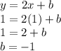 y = 2x + b\\&#10;1 = 2(1) + b\\&#10;1 = 2 + b\\&#10;b = -1
