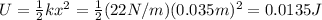 U= \frac{1}{2}k x^2 =  \frac{1}{2}(22 N/m)(0.035 m)^2=0.0135 J
