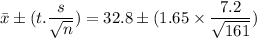 \bar{x} \pm (t.\dfrac{s}{\sqrt{n} })= 32.8\pm (1.65\times\dfrac{7.2}{\sqrt{161} })