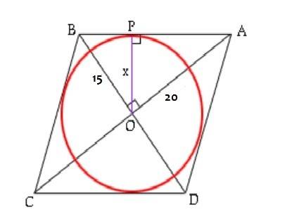 Acircle inscribed in a rhombus whose diagonals are 30 cm in 40 cm find the area between the rhombus