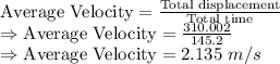 \text{Average Velocity}=\frac{\text{Total displacement}}{\text{Total time}}\\\Rightarrow \text{Average Velocity}=\frac{310.002}{145.2}\\\Rightarrow \text{Average Velocity}=2.135\ m/s