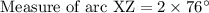 \text{Measure of arc XZ}=2\times 76^{\circ}