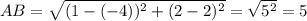 AB=\sqrt{(1-(-4))^2+(2-2)^2}=\sqrt{5^2}=5