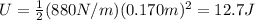 U= \frac{1}{2}(880 N/m)(0.170 m)^2=12.7 J