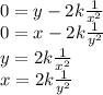 0=y-2k\frac{1}{x^2}\\&#10;0=x-2k\frac{1}{y^2}\\&#10;y=2k\frac{1}{x^2}\\&#10;x=2k\frac{1}{y^2}\\