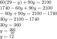 60(29-y)+90y=2100\\1740-60y+90y=2100\\-60y+90y=2100-1740\\30y=2100-1740\\30y=360\\y=\frac{360}{30}\\y=12