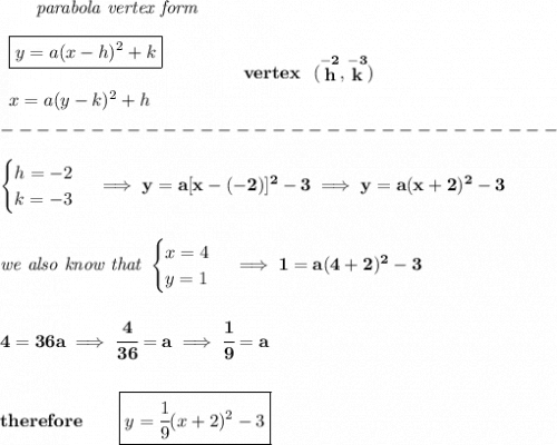 \bf ~~~~~~\textit{parabola vertex form}&#10;\\\\&#10;\begin{array}{llll}&#10;\boxed{y=a(x- h)^2+ k}\\\\&#10;x=a(y- k)^2+ h&#10;\end{array}&#10;\qquad\qquad&#10;vertex~~(\stackrel{-2}{ h},\stackrel{-3}{ k})\\\\&#10;-------------------------------\\\\&#10;\begin{cases}&#10;h=-2\\&#10;k=-3&#10;\end{cases}\implies y=a[x-(-2)]^2-3\implies y=a(x+2)^2-3&#10;\\\\\\&#10;\textit{we also know that }&#10;\begin{cases}&#10;x=4\\&#10;y=1&#10;\end{cases}\implies 1=a(4+2)^2-3&#10;\\\\\\&#10;4=36a\implies \cfrac{4}{36}=a\implies \cfrac{1}{9}=a&#10;\\\\\\&#10;therefore\qquad \boxed{y=\cfrac{1}{9}(x+2)^2-3}