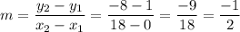 \displaystyle{ m= \frac{y_2-y_1}{x_2-x_1}= \frac{-8-1}{18-0}= \frac{-9}{18}= \frac{-1}{2}