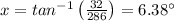 x = tan ^{-1}\left ( \frac{32}{286} \right )=6.38^\circ