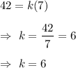 42=k(7)\\\\\Rightarrow\ k= \dfrac{42}{7}=6\\\\\Rightarrow\ k=6