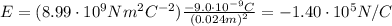 E=(8.99 \cdot 10^9 N m^2 C^{-2}) \frac{-9.0\cdot 10^{-9}C}{(0.024m)^2}=-1.40\cdot 10^5 N/C