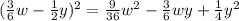 (\frac{3}{6}w-\frac{1}{2}y)^{2}=\frac{9}{36}w^{2}-\frac{3}{6}wy+\frac{1}{4}y^{2}
