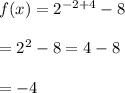 f(x)=2^{-2+4}-8 \\  \\ =2^2-8=4-8 \\  \\ =-4
