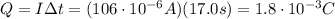 Q=I \Delta t=(106 \cdot 10^{-6}A)(17.0s)=1.8 \cdot 10^{-3}C